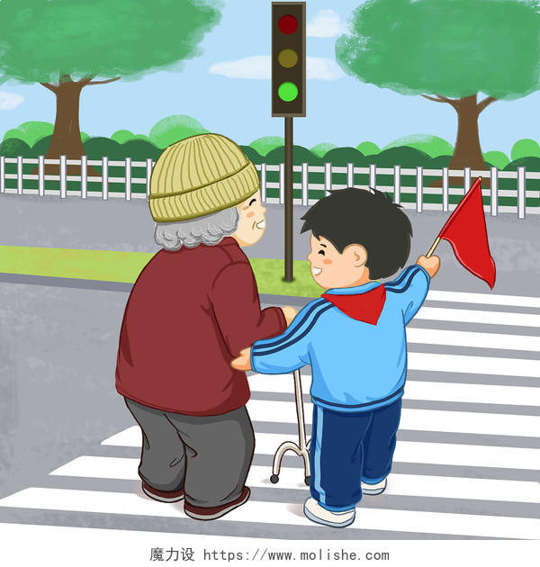 卡通小学生扶老奶奶过马路插画学雷锋红领巾献爱心雷锋纪念日